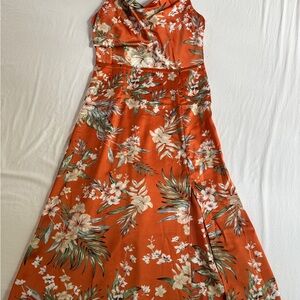 Satin Cowl Neck Floral Print Slit Dress